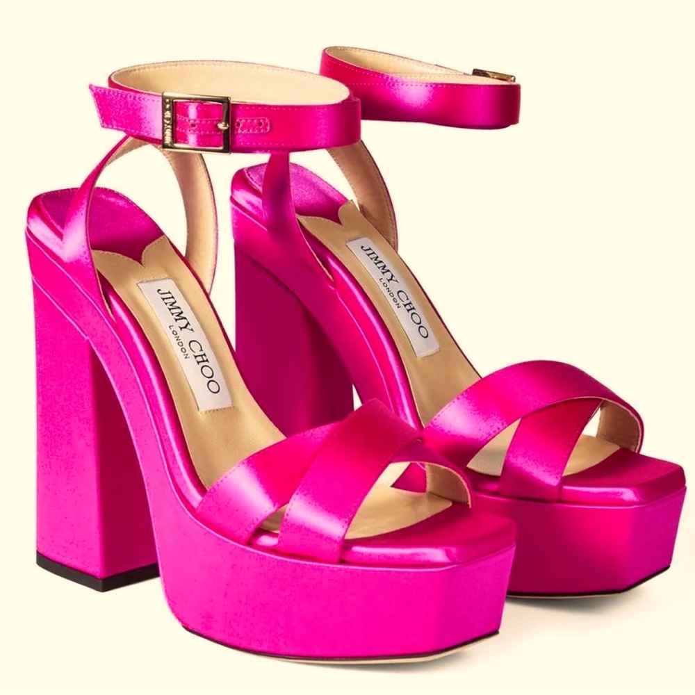Jimmy Choo Gaia 140 Fuchsia Satin Platform Sandals Heels Sz 38.5 (8.5)